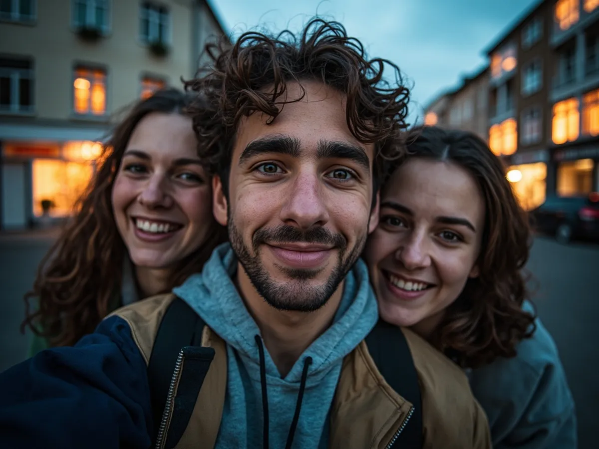 Computer-generated image: three friends laughing together in a group photo on a quest day out