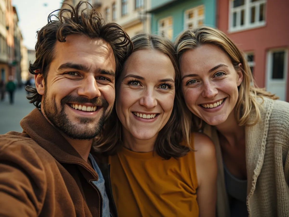 Computer-generated image: three friends laughing together in a group photo on a quest day out