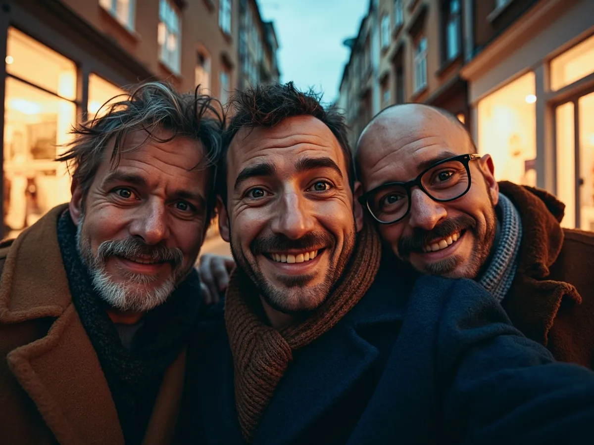 Computer-generated image: three friends laughing together in a group photo on a quest day out
