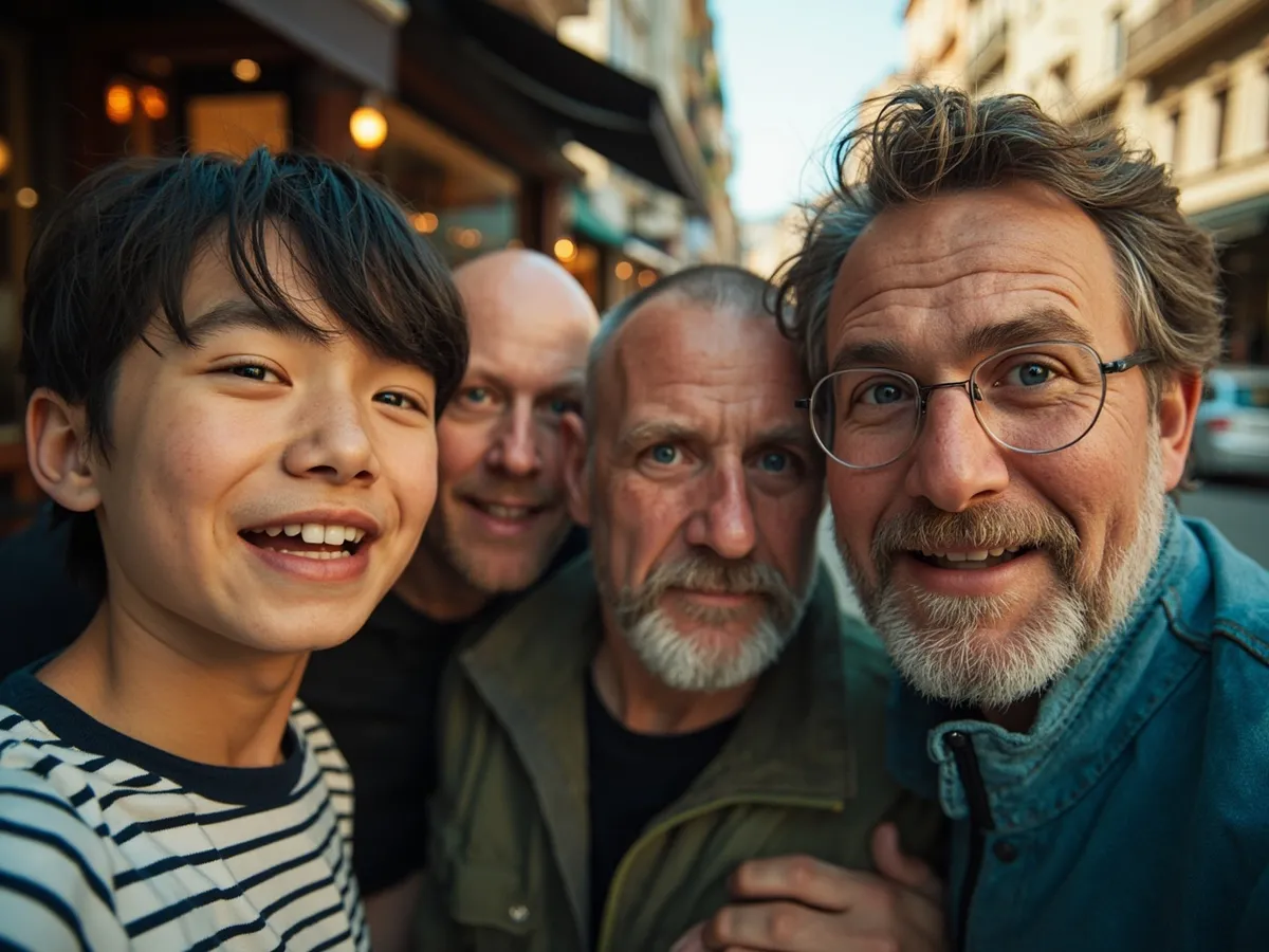 Computer-generated image: four friends laughing together in a group photo on a quest day out