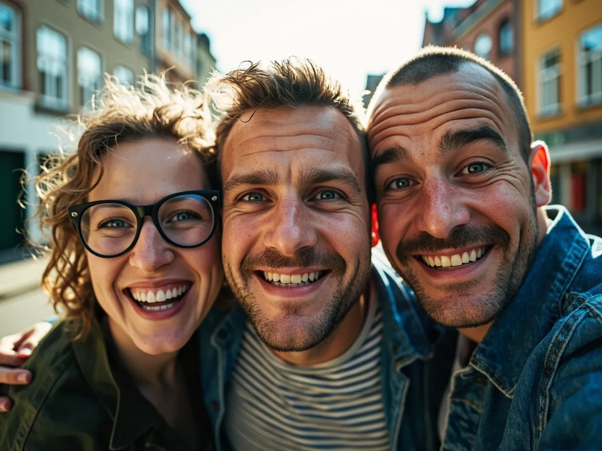 Computer-generated image: three friends laughing together in a group photo on a quest day out