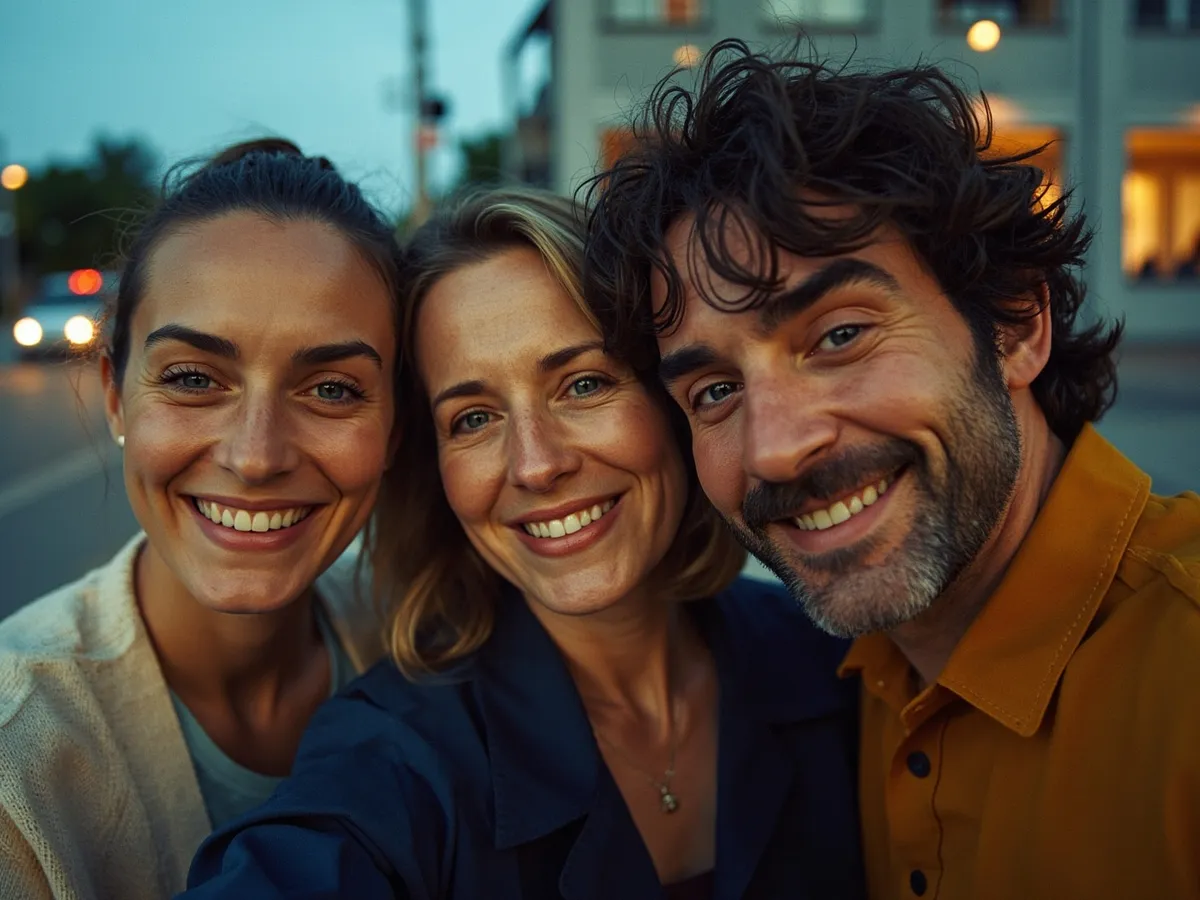 Computer-generated image: three friends laughing together in a group photo on a quest day out