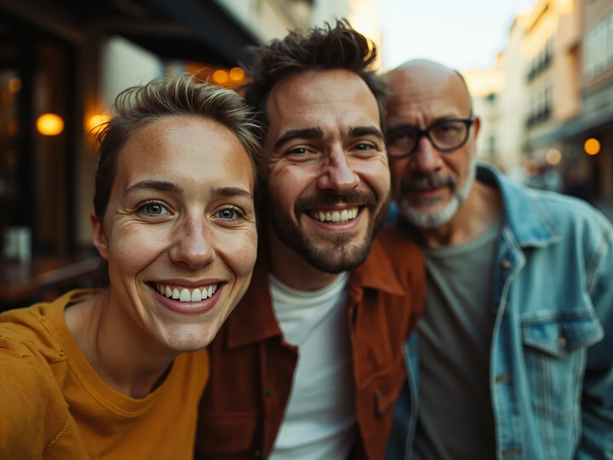 Computer-generated image: three friends laughing together in a group photo on a quest day out