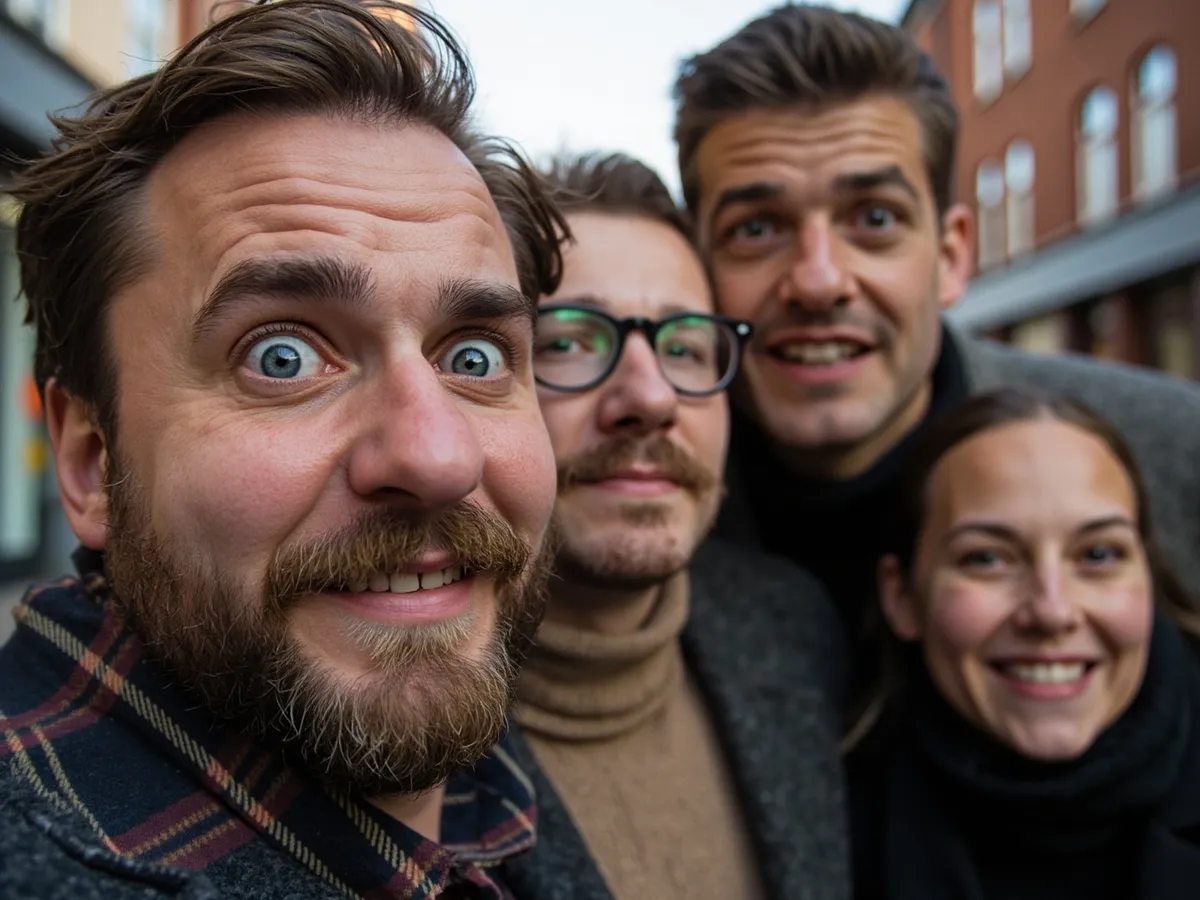 Computer-generated image: four friends laughing together in a group photo on a quest day out