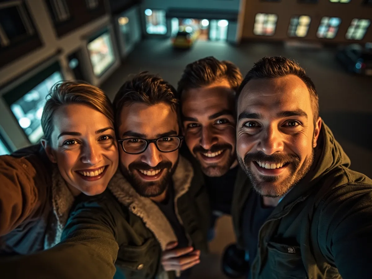 Computer-generated image: four friends laughing together in a group photo on a quest day out