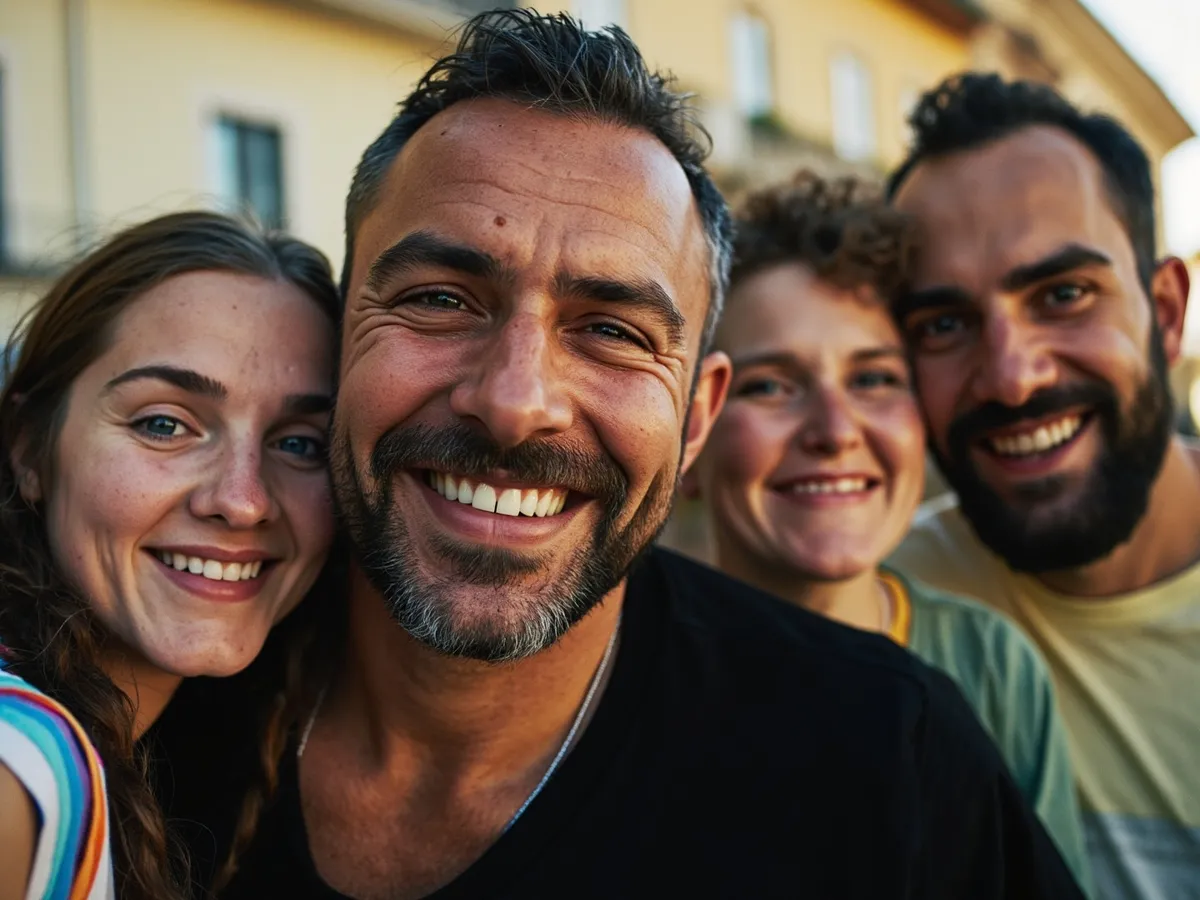Computer-generated image: four friends laughing together in a group photo on a quest day out