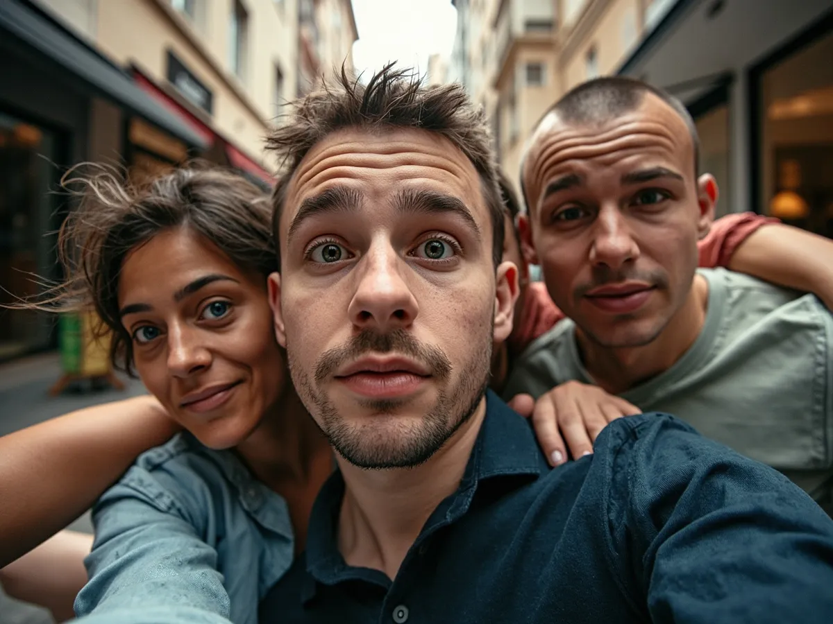 Computer-generated image: four friends laughing together in a group photo on a quest day out