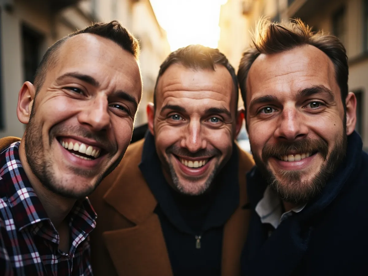 Computer-generated image: three friends laughing together in a group photo on a quest day out
