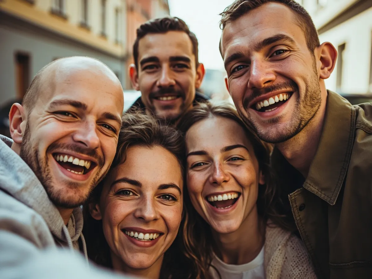 Computer-generated image: four friends laughing together in a group photo on a quest day out
