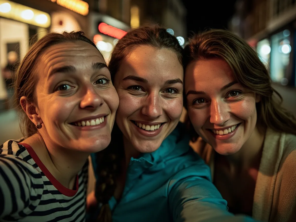 Computer-generated image: three friends laughing together in a group photo on a quest day out