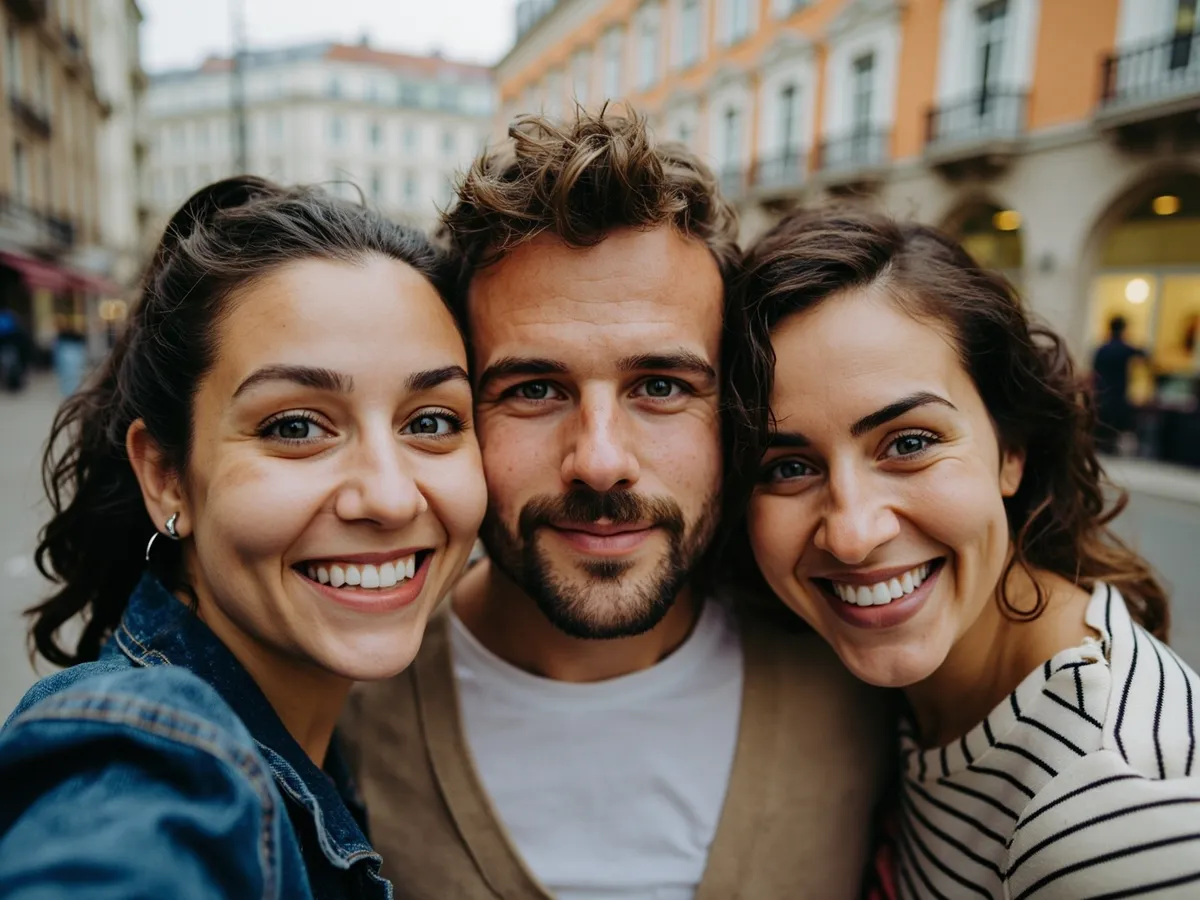Computer-generated image: three friends laughing together in a group photo on a quest day out