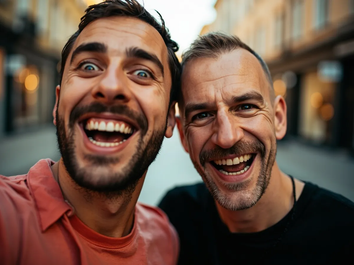 Computer-generated image: two friends laughing together in a group photo on a quest day out