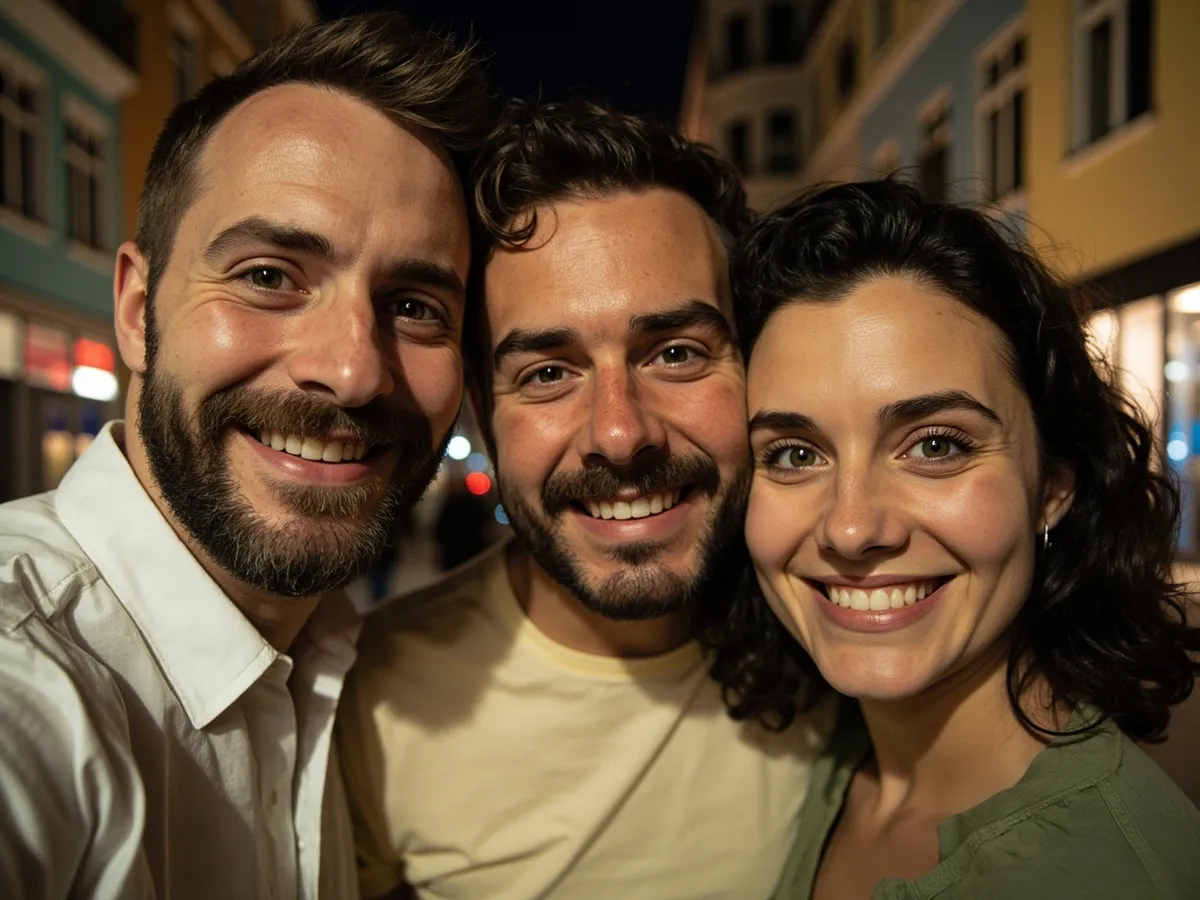 Computer-generated image: three friends laughing together in a group photo on a quest day out