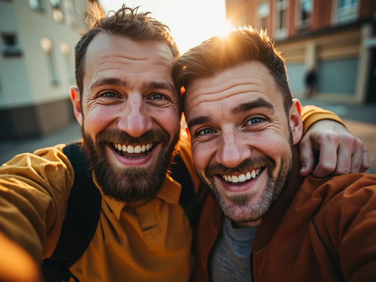 Computer-generated image: two friends laughing together in a group photo on a quest day out