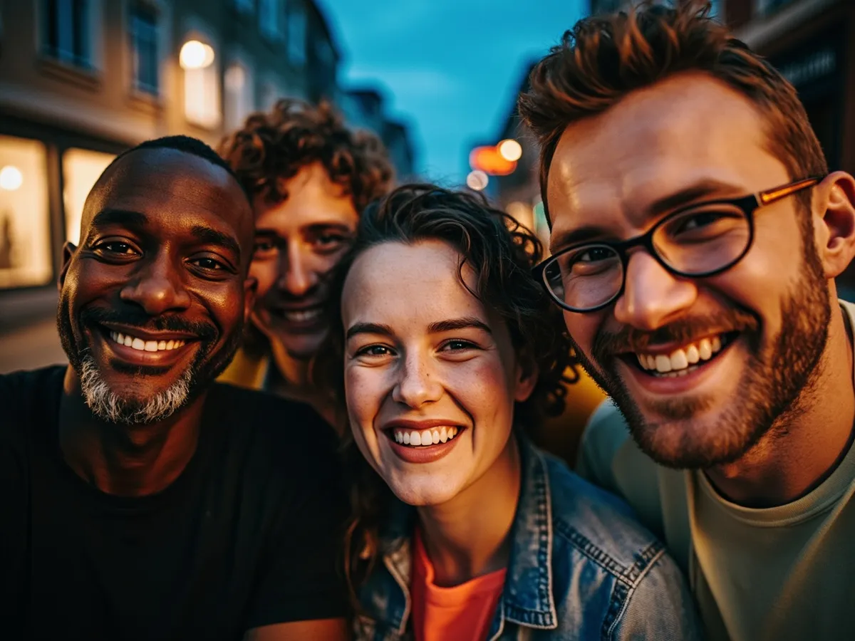 AI-generated illustration: four friends laughing together in a group photo on a quest day out