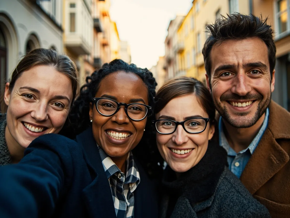 Computer-generated image: four friends laughing together in a group photo on a quest day out