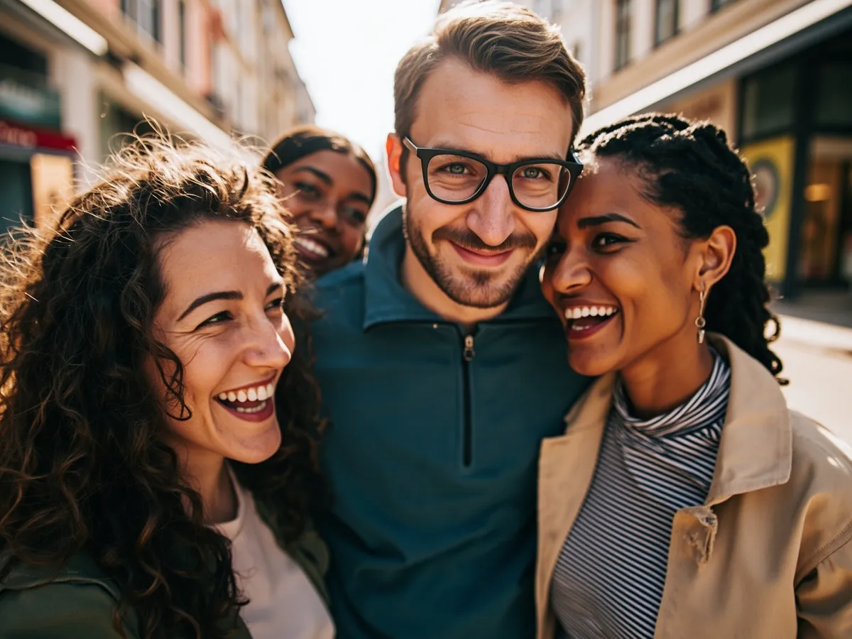 Computer-generated image: four friends laughing together in a group photo on a quest day out