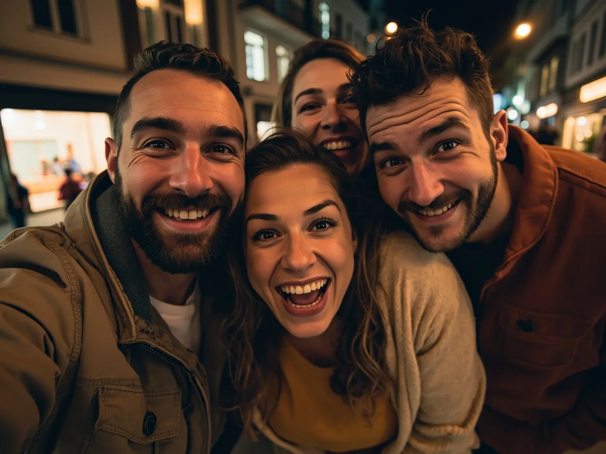 AI-generated illustration: four friends laughing together in a group photo on a quest day out