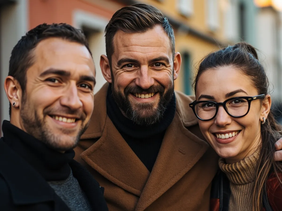 AI-generated illustration: three friends laughing together in a group photo on a quest day out