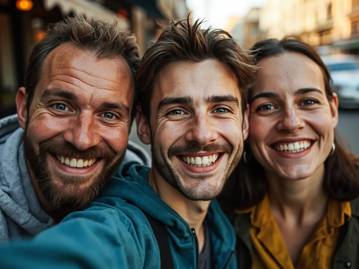 AI-generated illustration: three friends laughing together in a group photo on a quest day out