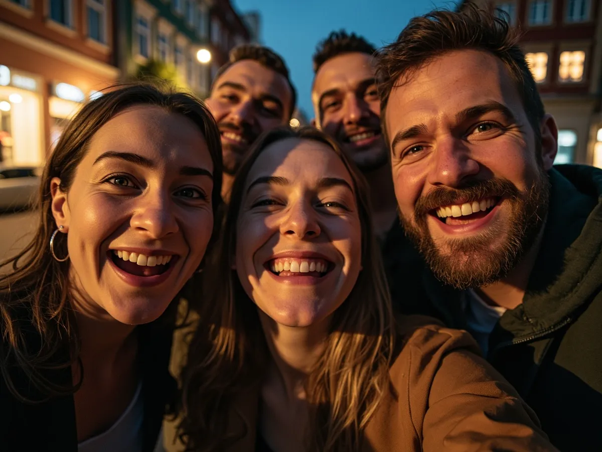 AI-generated illustration: four friends laughing together in a group photo on a quest day out