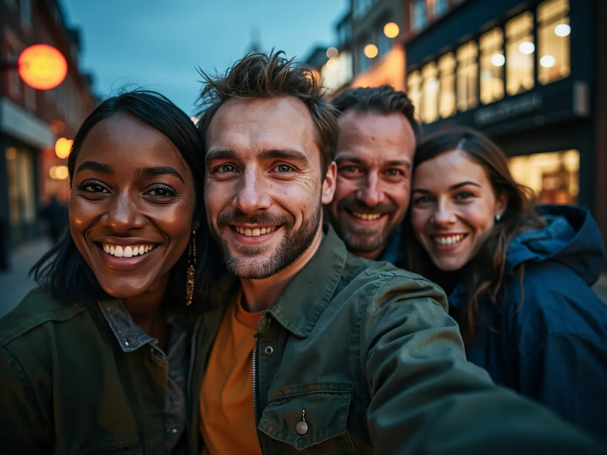 Computer-generated image: four friends laughing together in a group photo on a quest day out