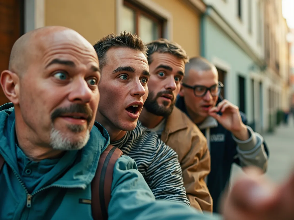 Computer-generated image: four friends laughing together in a group photo on a quest day out