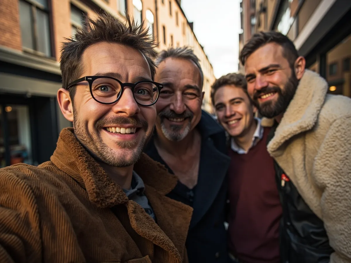 Computer-generated image: four friends laughing together in a group photo on a quest day out