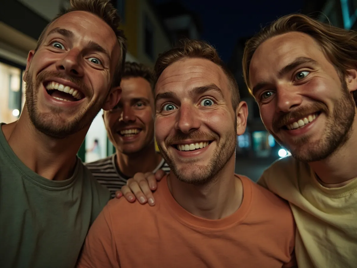 Computer-generated image: four friends laughing together in a group photo on a quest day out