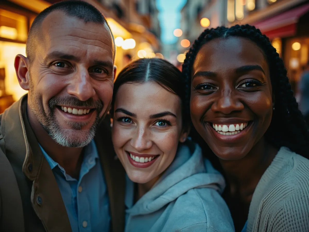 Computer-generated image: three friends laughing together in a group photo on a quest day out