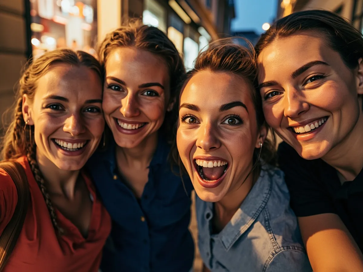 Computer-generated image: four friends laughing together in a group photo on a quest day out