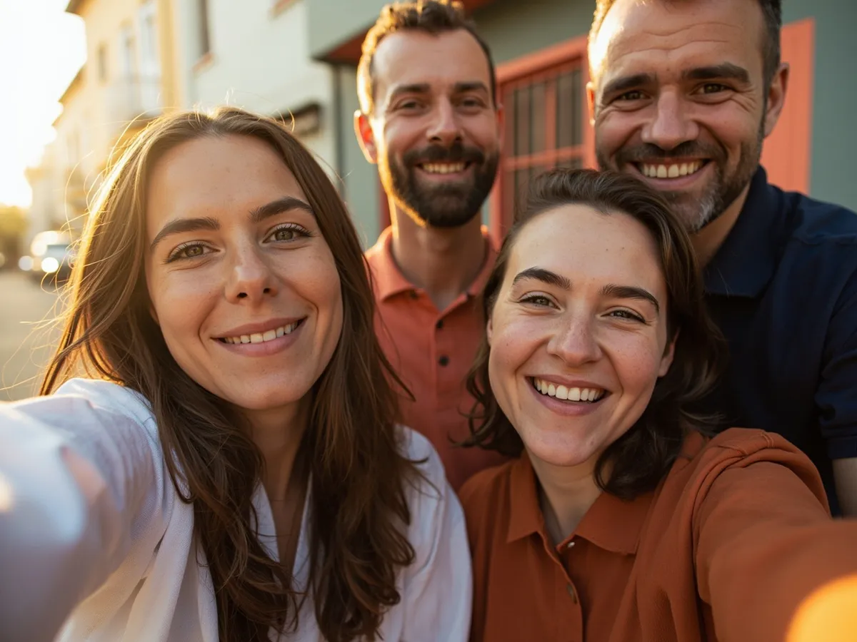 Computer-generated image: four friends laughing together in a group photo on a quest day out