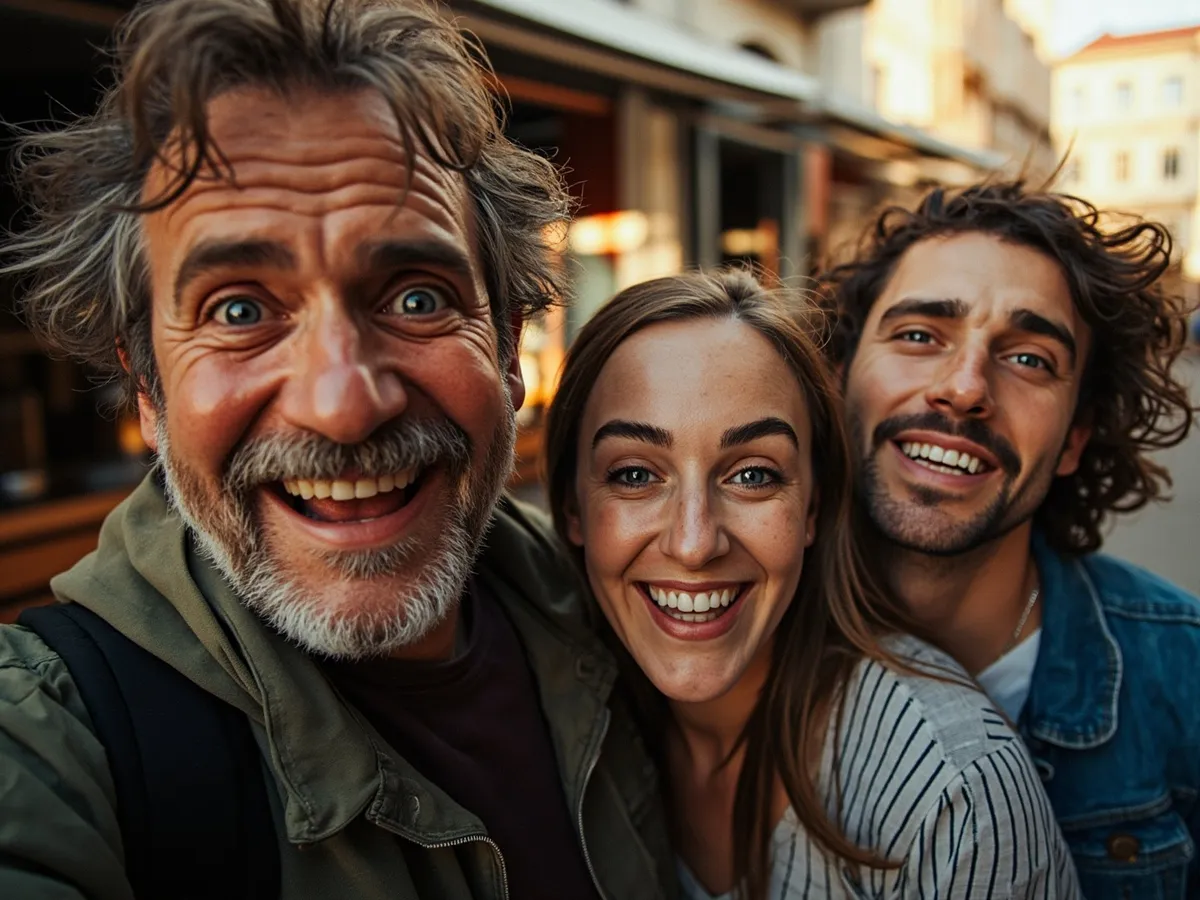 Computer-generated image: three friends laughing together in a group photo on a quest day out