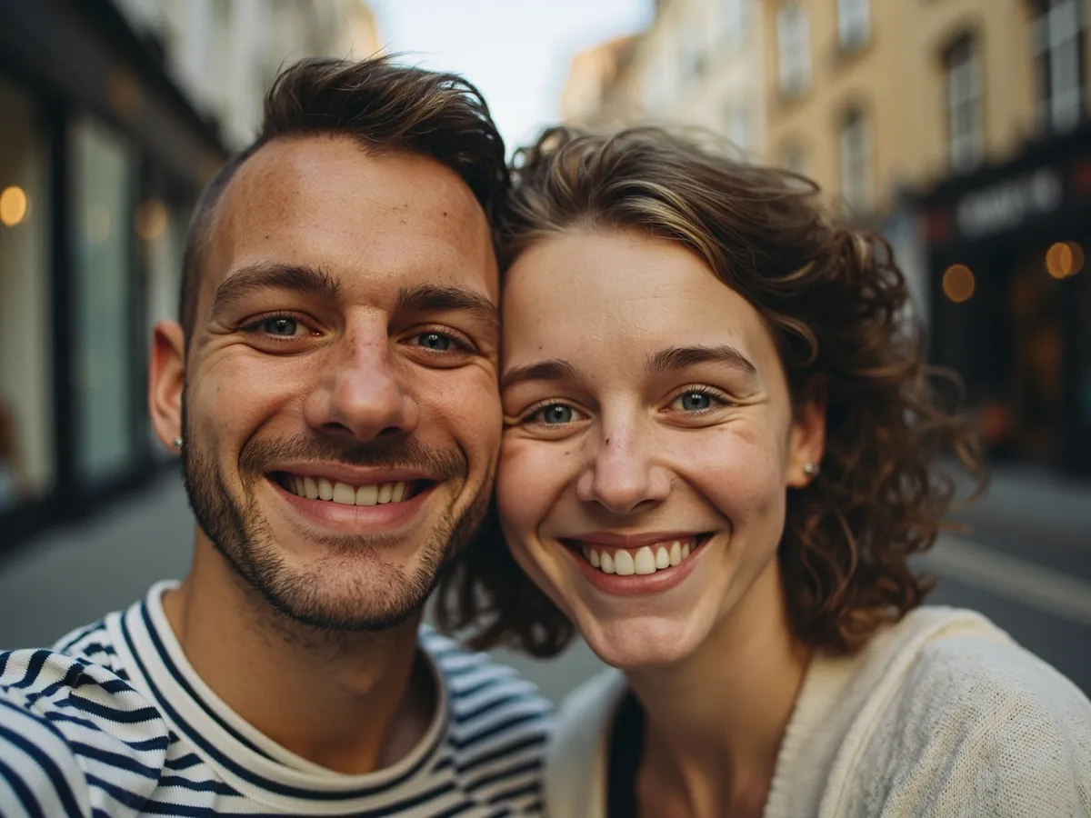 Computer-generated image: two friends laughing together in a group photo on a quest day out