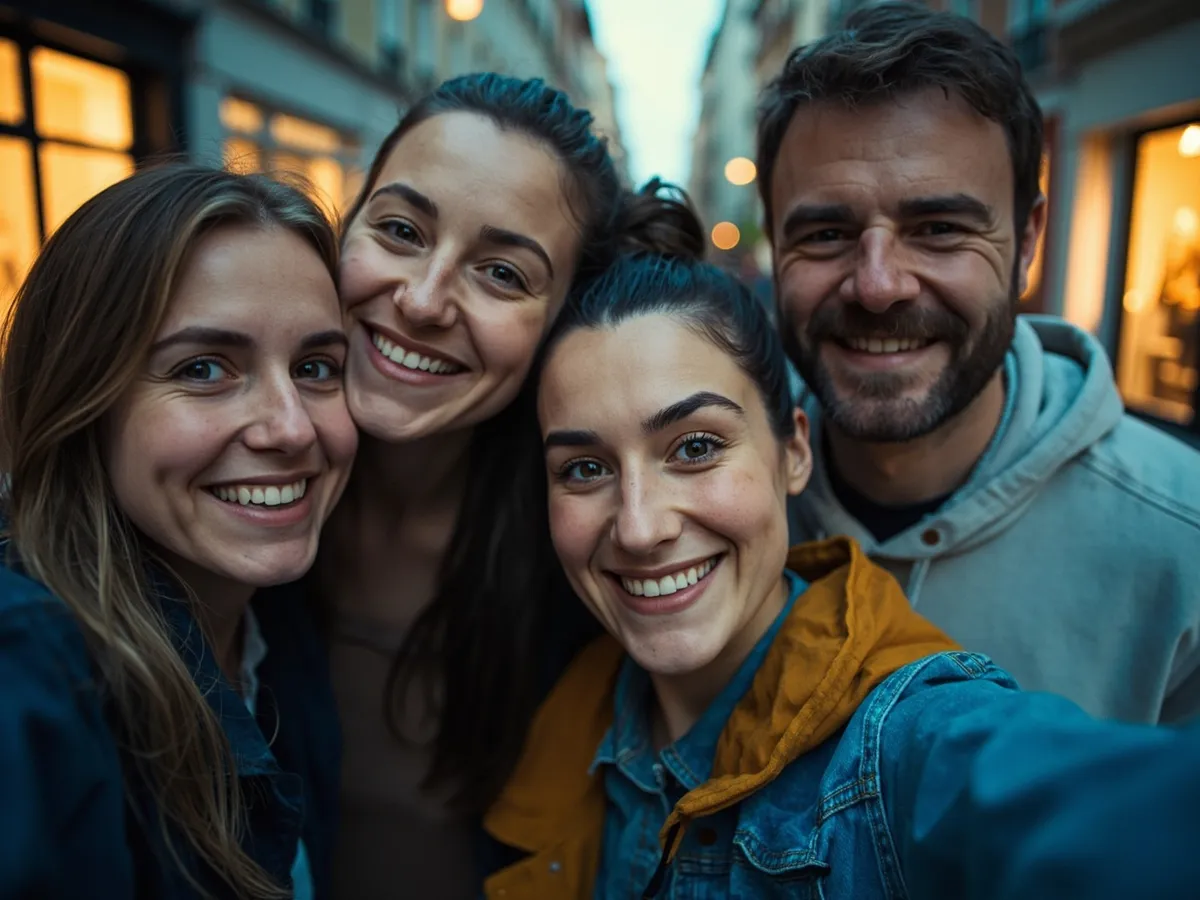 AI-generated illustration: four friends laughing together in a group photo on a quest day out