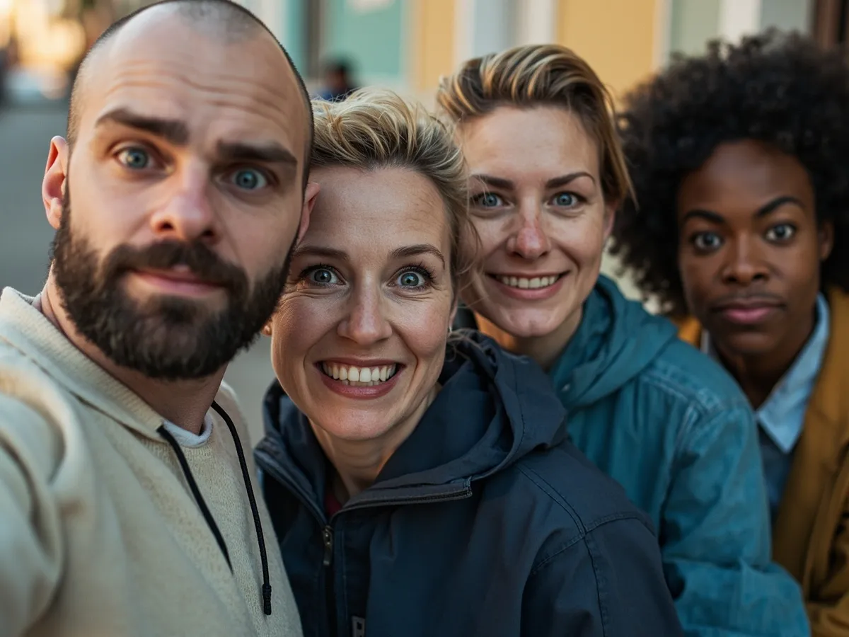 AI-generated illustration: four friends laughing together in a group photo on a quest day out