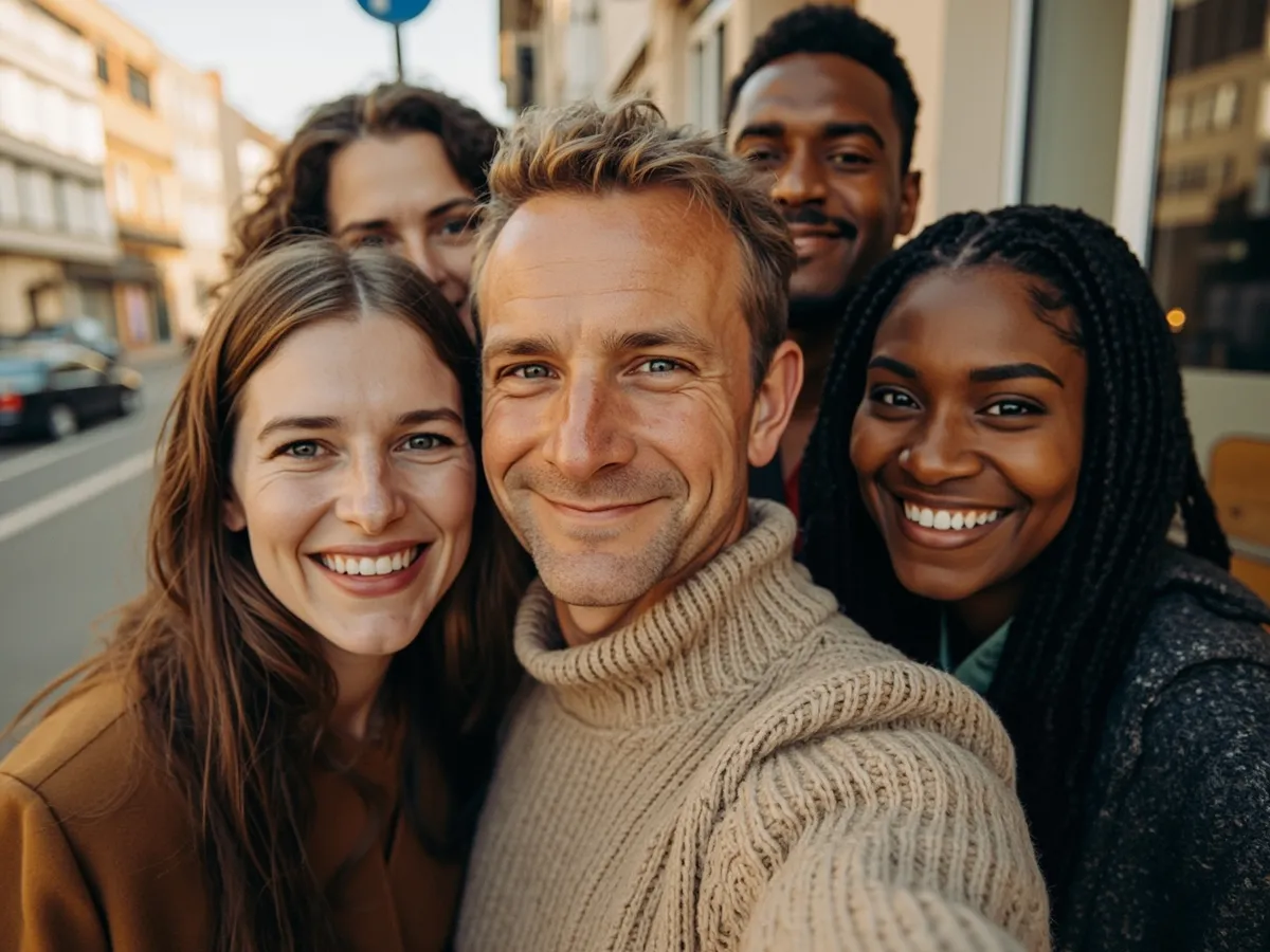 AI-generated illustration: four friends laughing together in a group photo on a quest day out