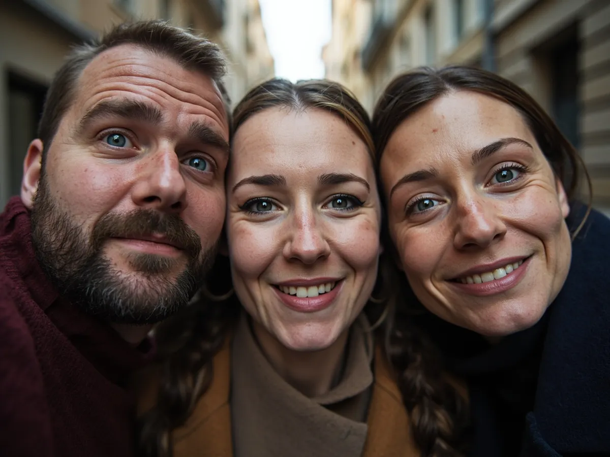 AI-generated illustration: three friends laughing together in a group photo on a quest day out