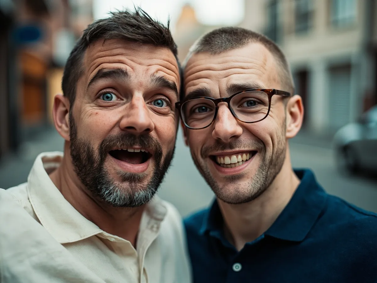 AI-generated illustration: two friends laughing together in a group photo on a quest day out