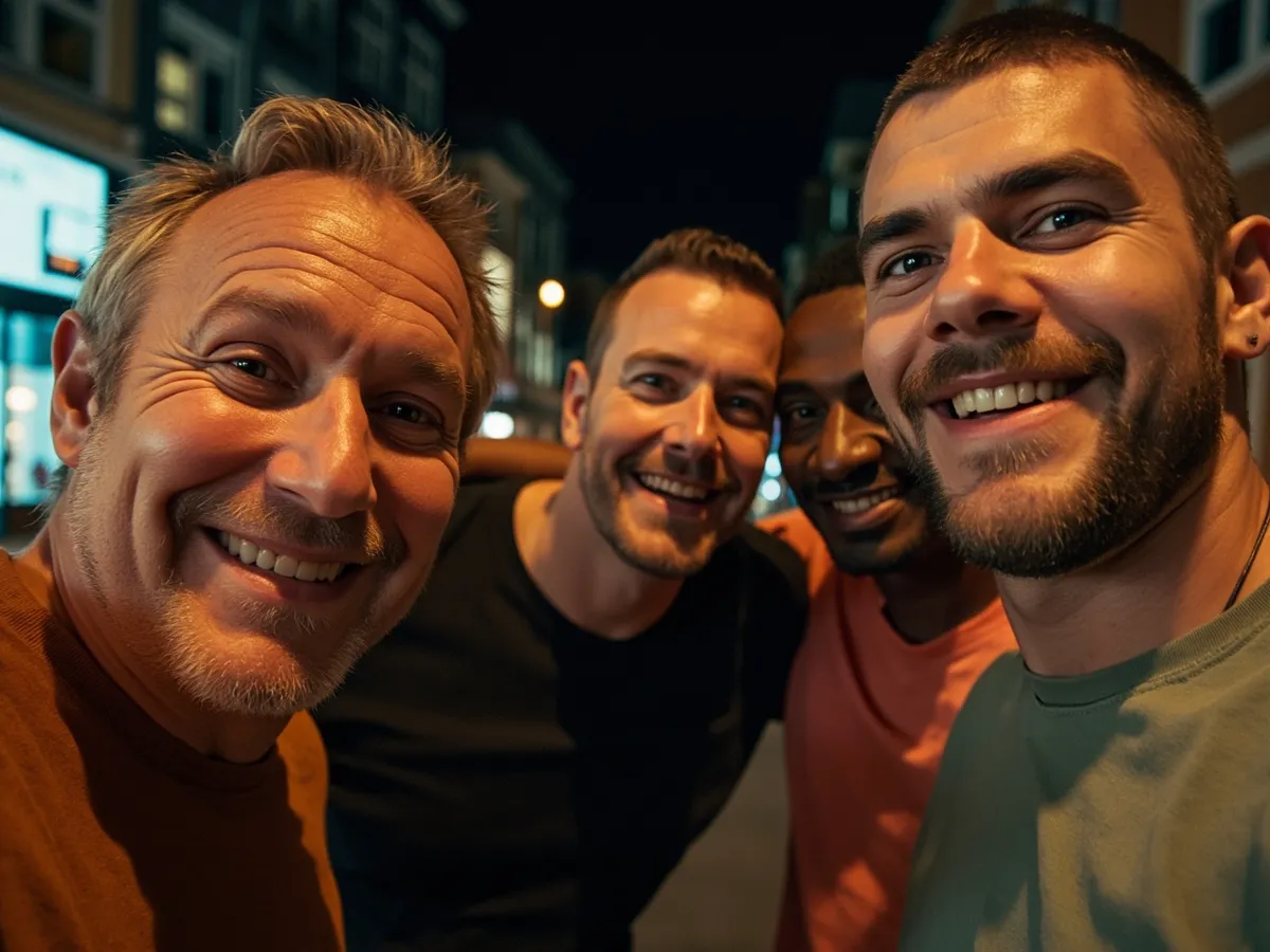 AI-generated illustration: four friends laughing together in a group photo on a quest day out