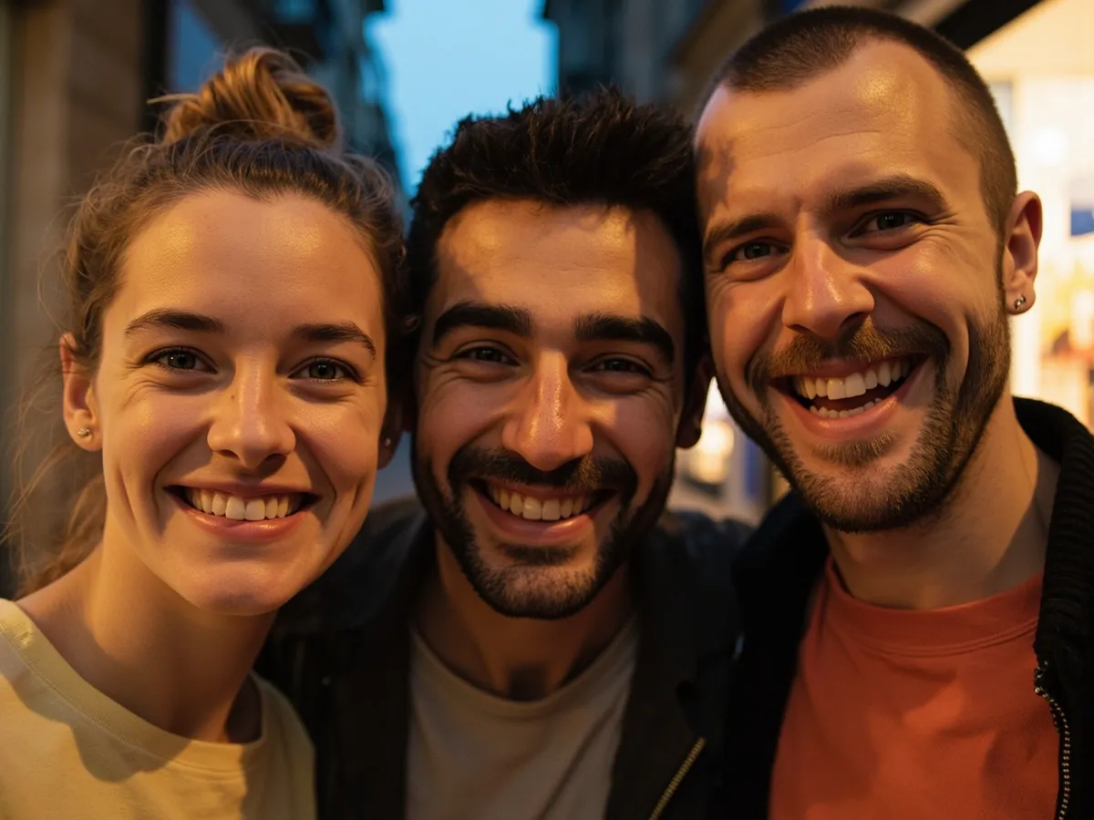 AI-generated illustration: three friends laughing together in a group photo on a quest day out