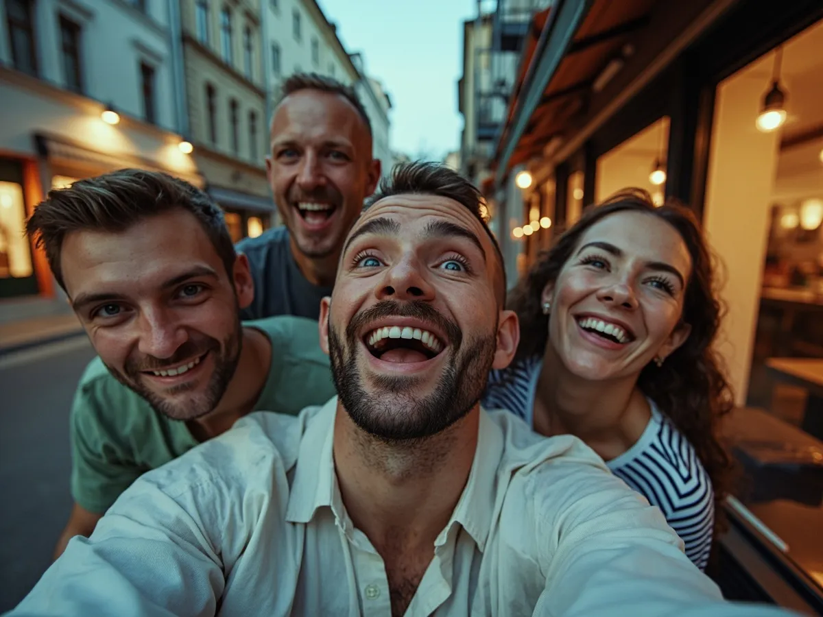 AI-generated illustration: four friends laughing together in a group photo on a quest day out