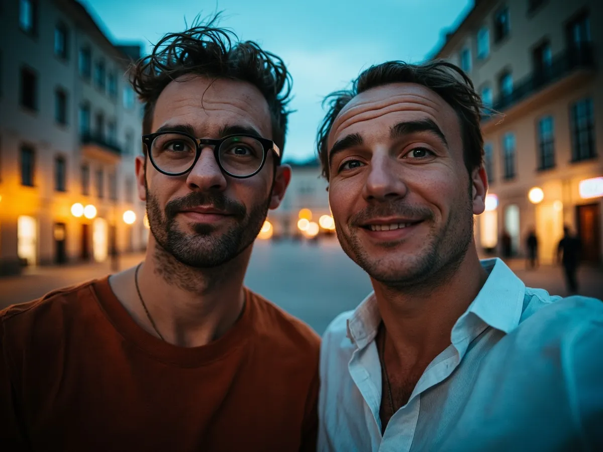 AI-generated illustration: two friends laughing together in a group photo on a quest day out