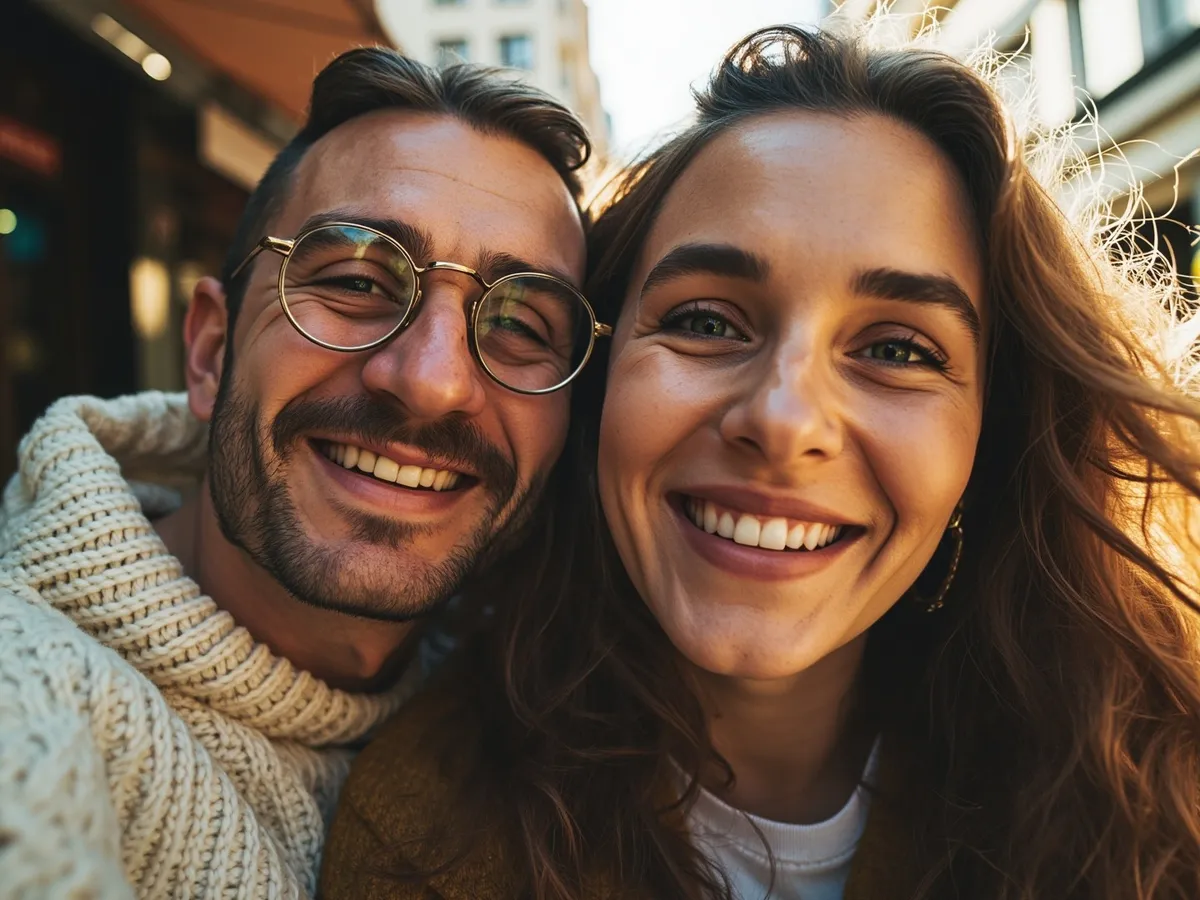 AI-generated illustration: two friends laughing together in a group photo on a quest day out