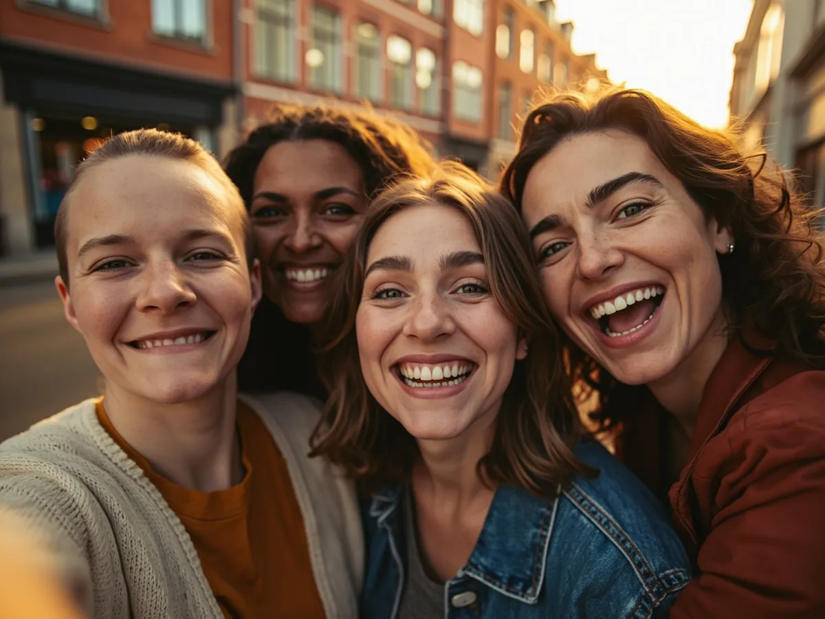 AI-generated illustration: four friends laughing together in a group photo on a quest day out
