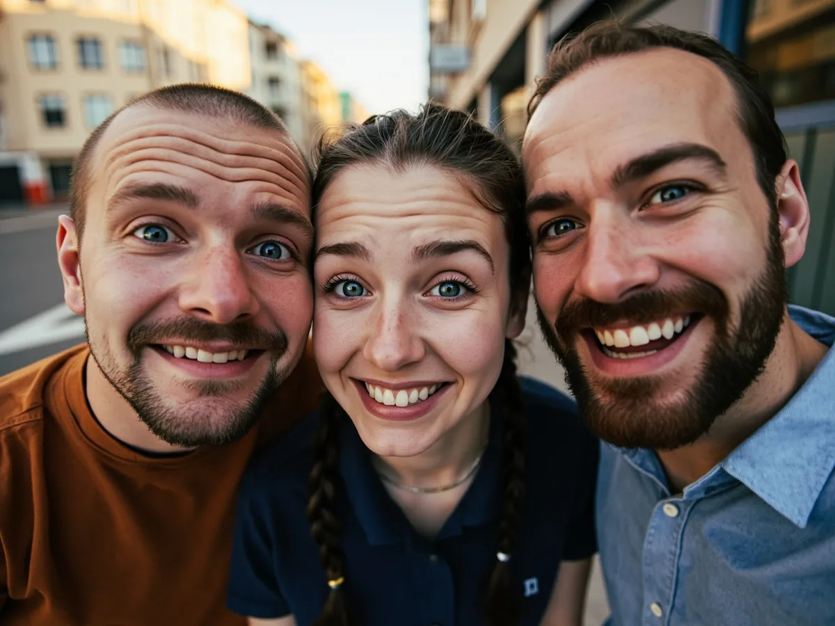 AI-generated illustration: three friends laughing together in a group photo on a quest day out