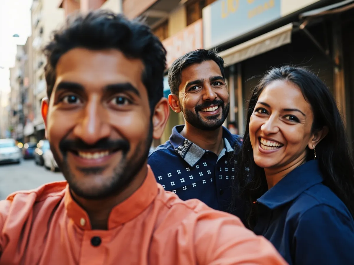 Computer-generated image: three friends laughing together in a group photo on a quest day out