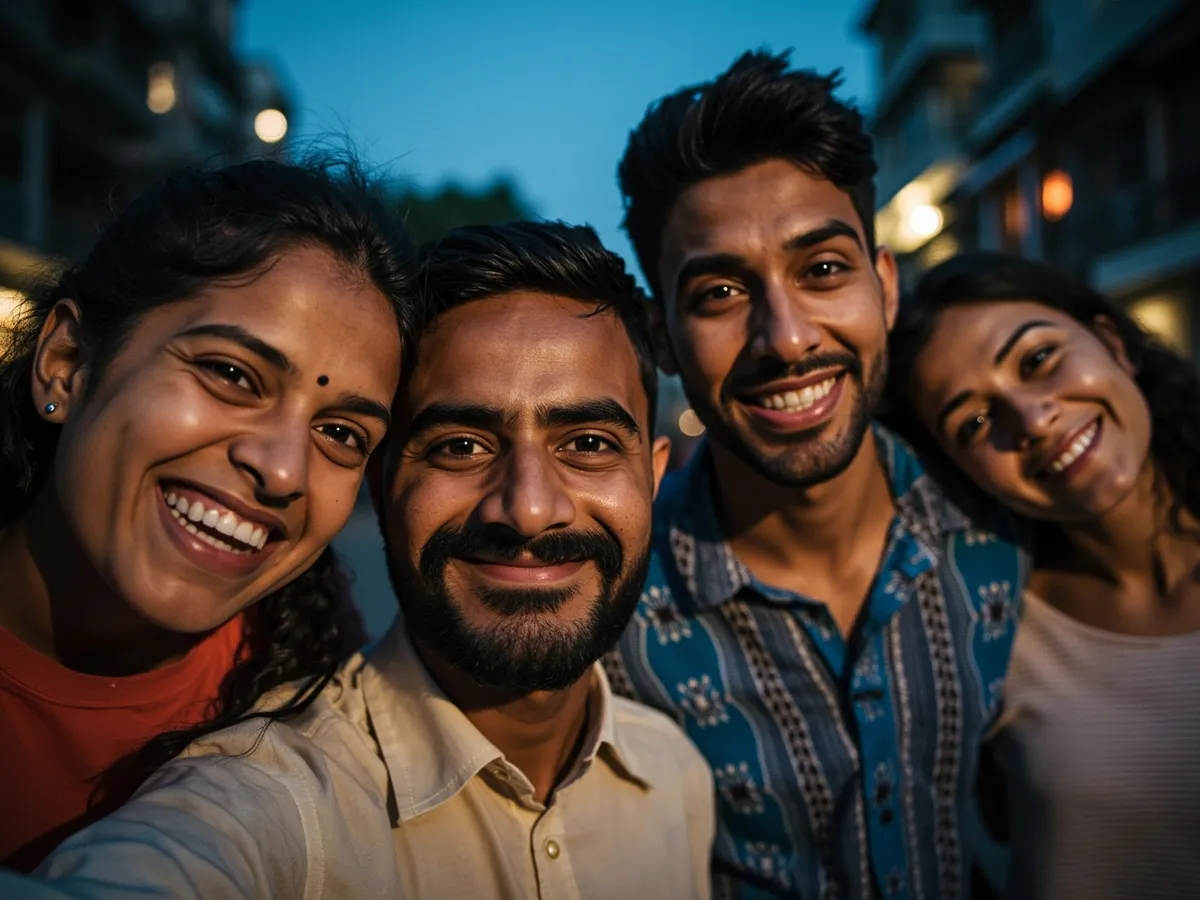 Computer-generated image: four friends laughing together in a group photo on a quest day out