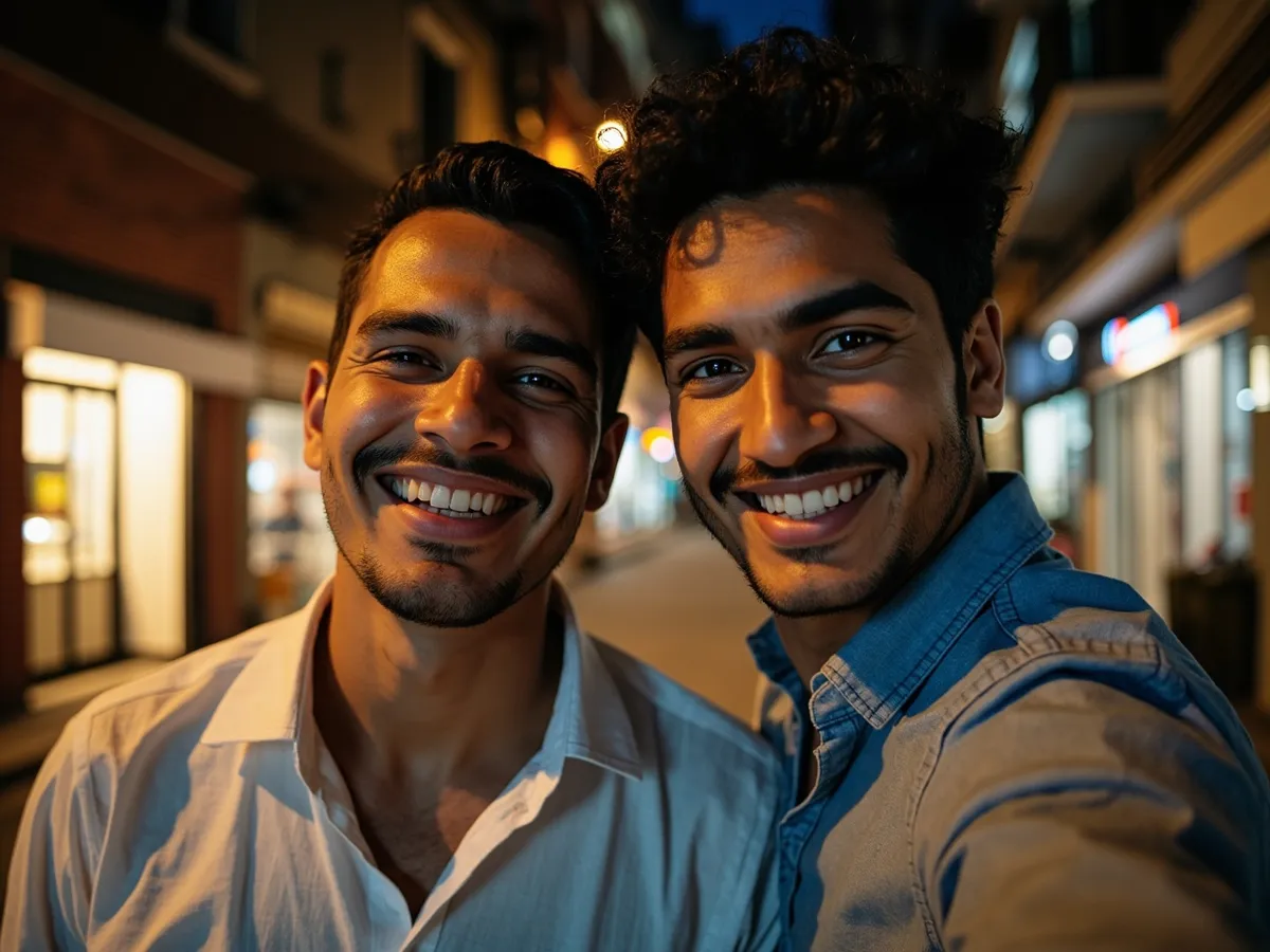 Computer-generated image: two friends laughing together in a group photo on a quest day out