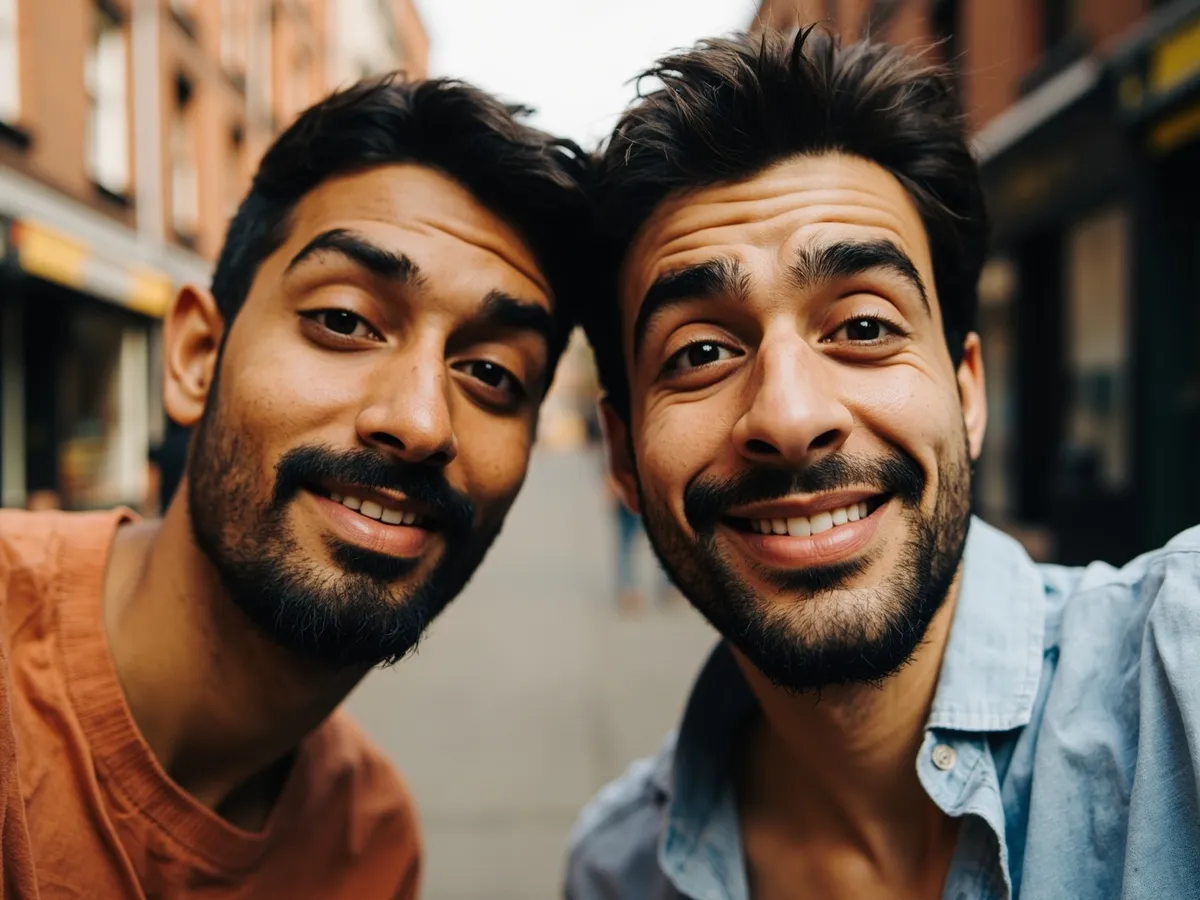 Computer-generated image: two friends laughing together in a group photo on a quest day out